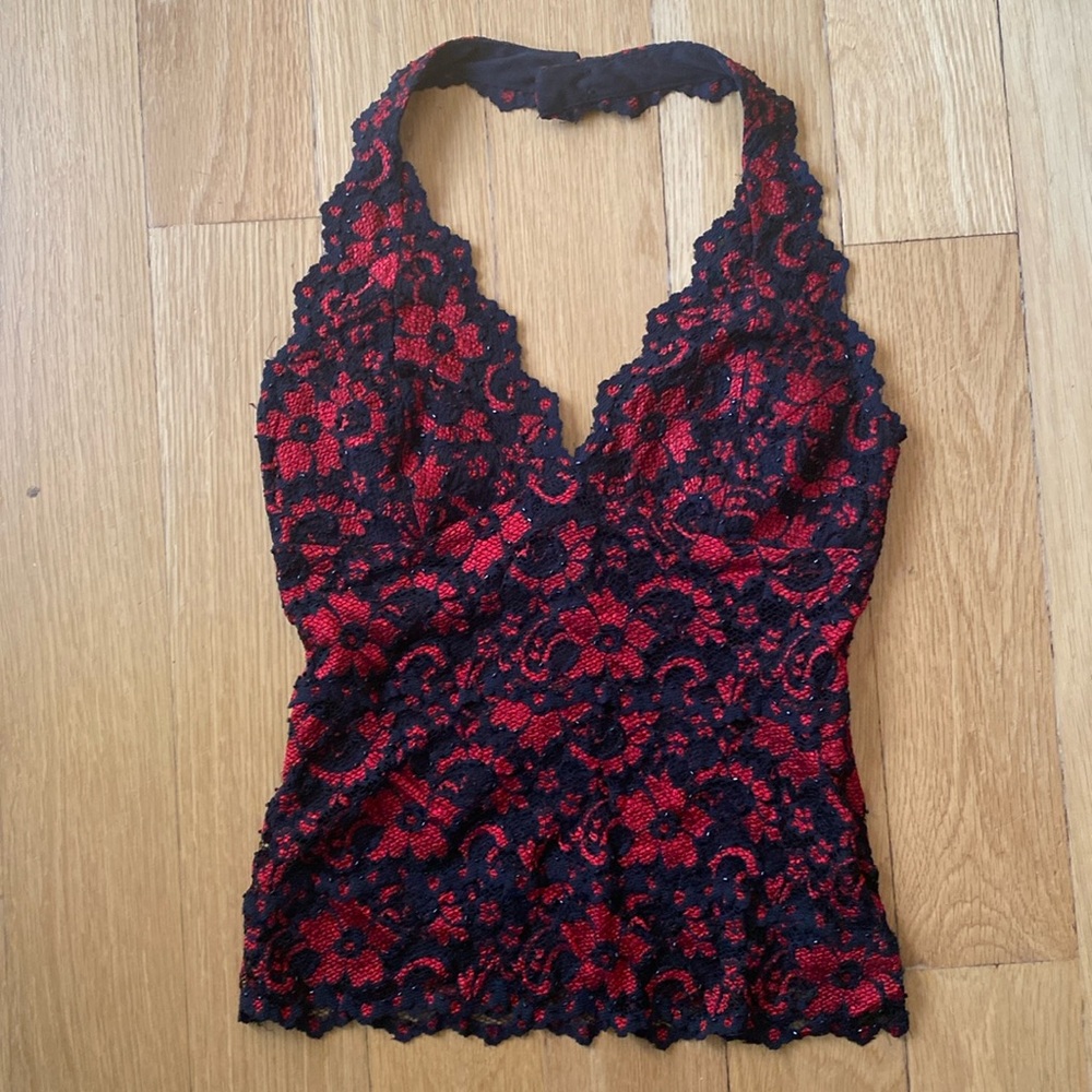 Cache black and red lace halter top